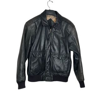 PRESTON & YORK Black Leather Jacket Flight Bomber Aviator Map Lining Vintage XS